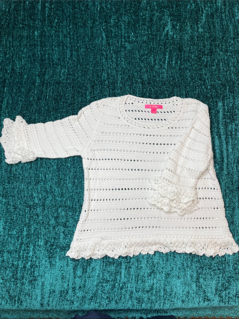 Lily Pulitzer-Irina-White Crochet Knit Top with Ruffle Trim-XL